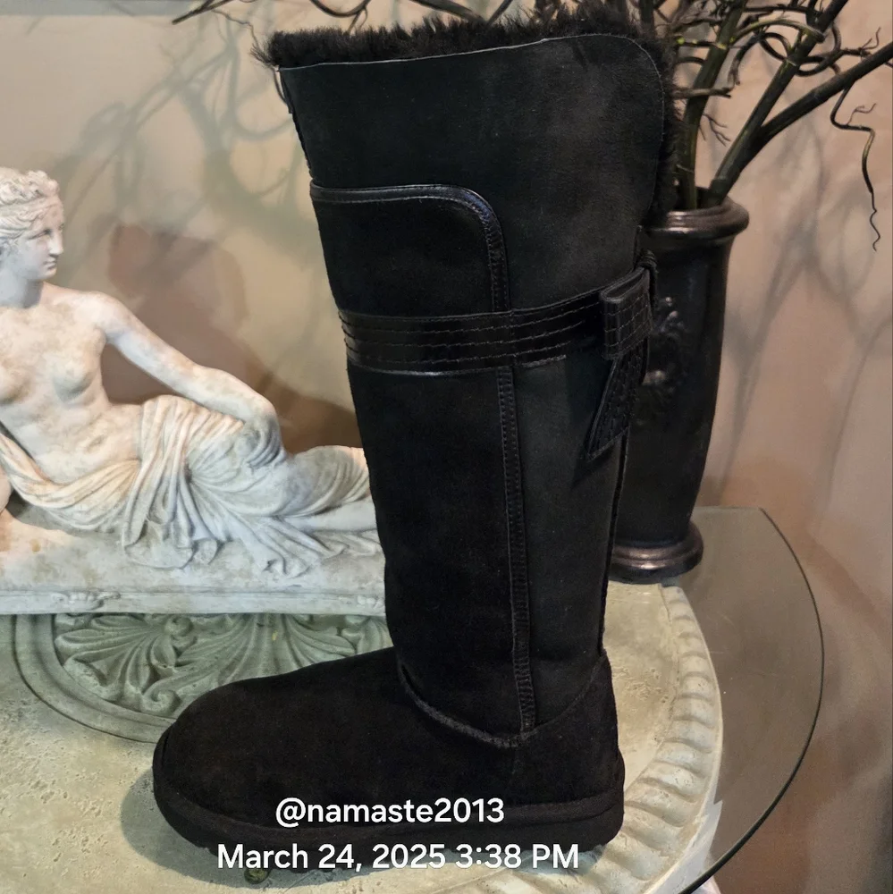 Ugg Genevieve Over The Knee Boots Suede Leather Fur Bows Designer Luxury #159